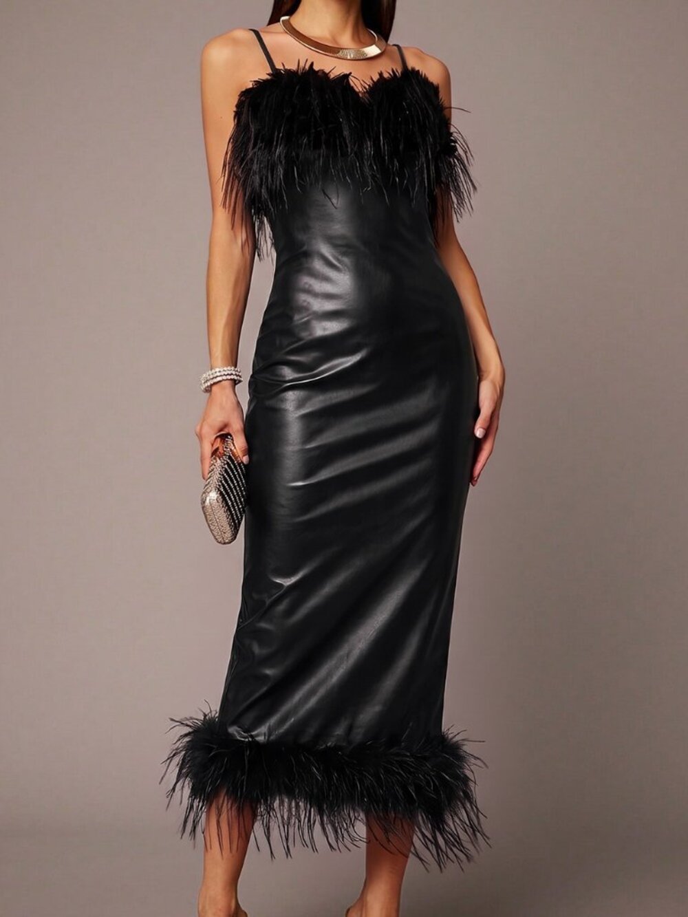 Black Chic Women's Faux Leather Feather Trim Midi Dress